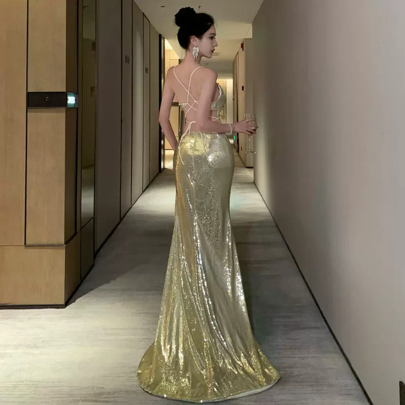 晚礼服金色亮片轻奢小众吊带露背气质生日宴会结婚敬酒服新娘