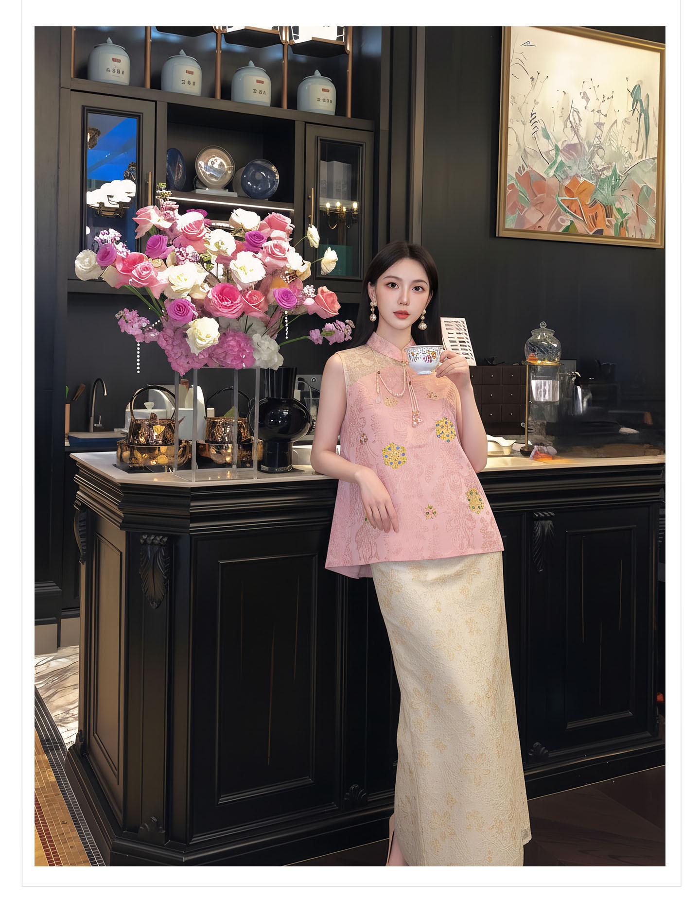 Bộ đầm vest không tay cổ đứng thêu hoa kết hợp chân váy ren phong cách Tân Trung Hoa — bộ đồ, nửa váy, Trang chủ chi tiết 9