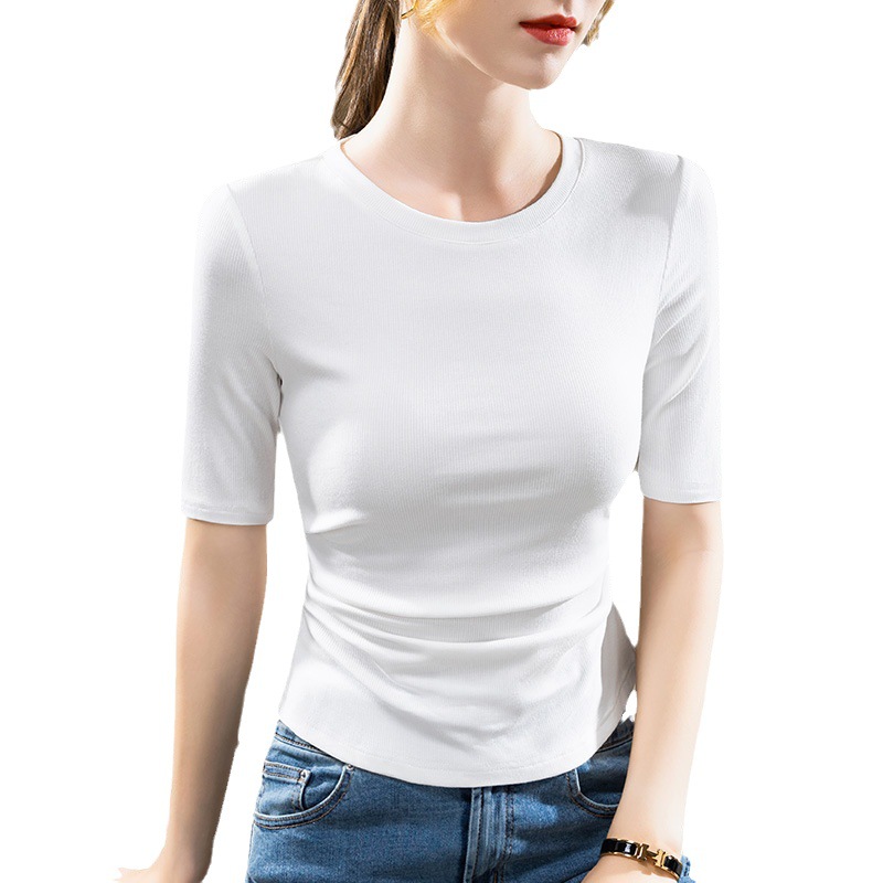 Camiseta de manga media para mujer 2023 nuevas mujeres de color sólido cuello redondo hilo media manga camiseta plisada cintura stretch top image 6
