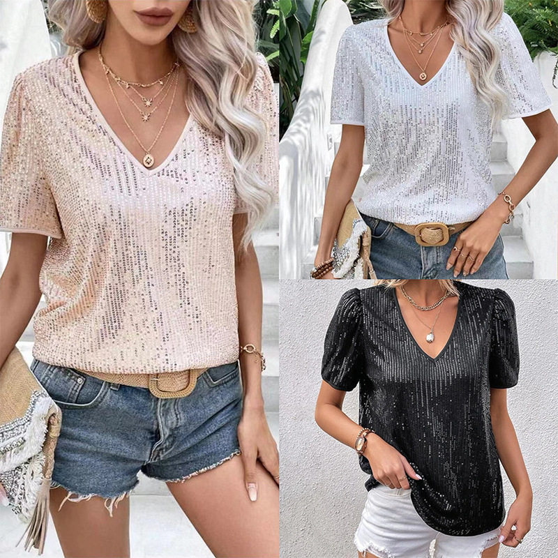 Women's tops European and American Amazon AliExpress summer cross-border new sexy V-neck solid color sequined short sleeve t-shirt