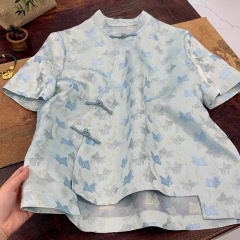 中国風の桑絹宋錦トップス斜め襟ボタンシャツ女性の夏のシルク半袖シャツ新しい中国風のシャツ