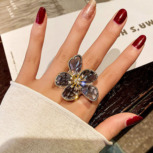 European and American personality exaggerated crystal flower ring, feminine, Korean fashion open ring, internet celebrity index finger ring, trendy