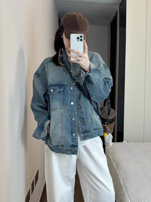 美式复古水洗做旧牛仔外套女2025秋季新爆款宽松休闲韩版夹克上衣|undefined