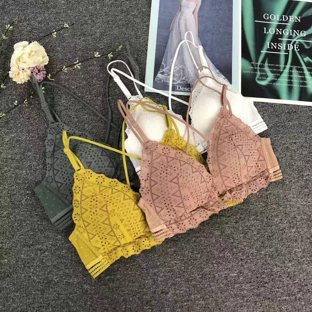 Bra de encaje del sudeste asiático, ropa interior de mujer, bra de copa triangular francesa, verano sin anillo de acero, copa delgada, algodón sexy y cómodo para la piel