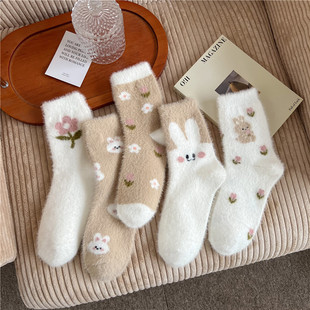 Mink velvet socks for women autumn and winter thickened fleece-lined warm mid-calf length socks cartoon rabbit home floor confinement socks