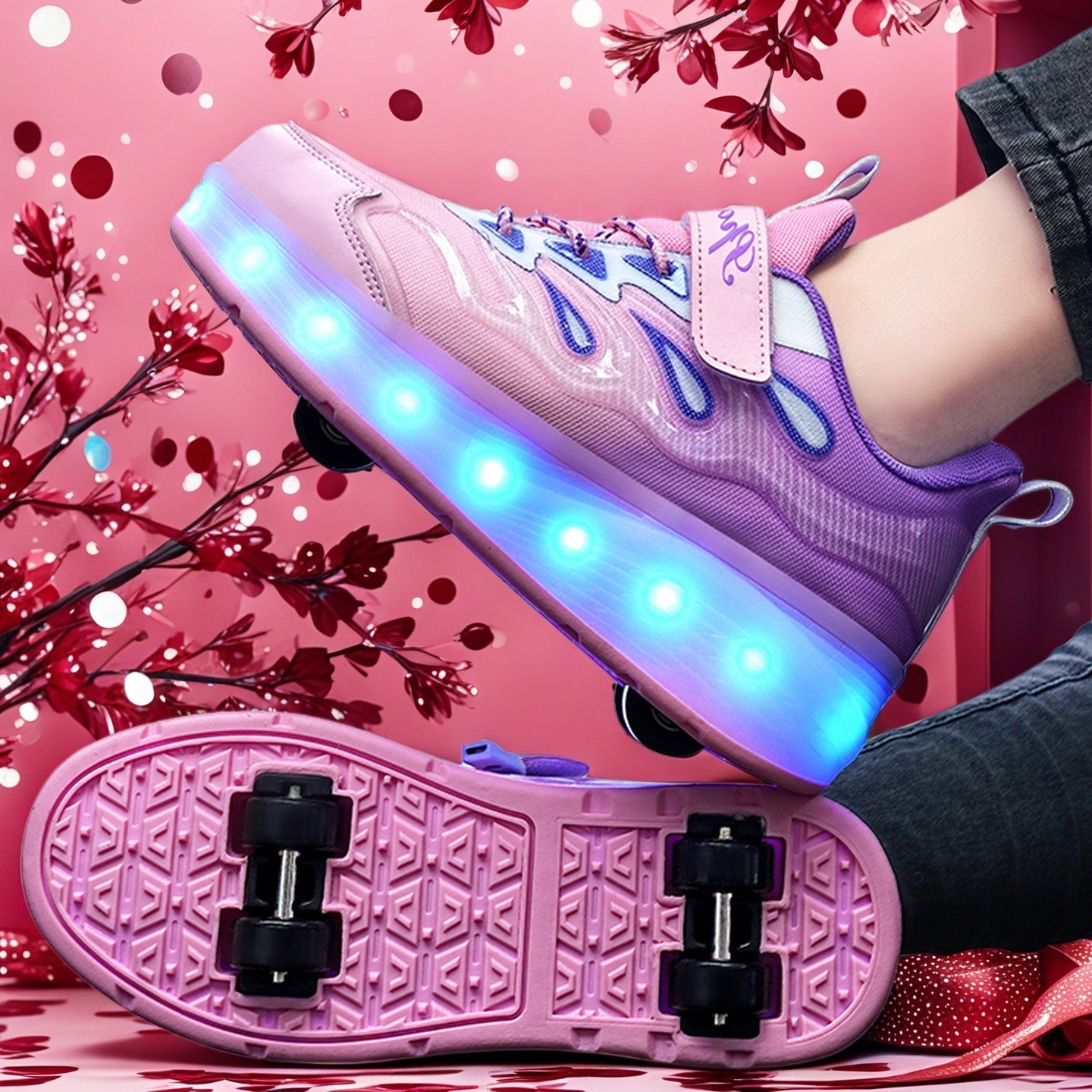 Cross-Border Eight-Wheel Heelys Shoes for Girls, Rechargeable Luminous Wheel Shoes, Children's Sports Shoes, Boys' Four-Wheel Invisible Skates