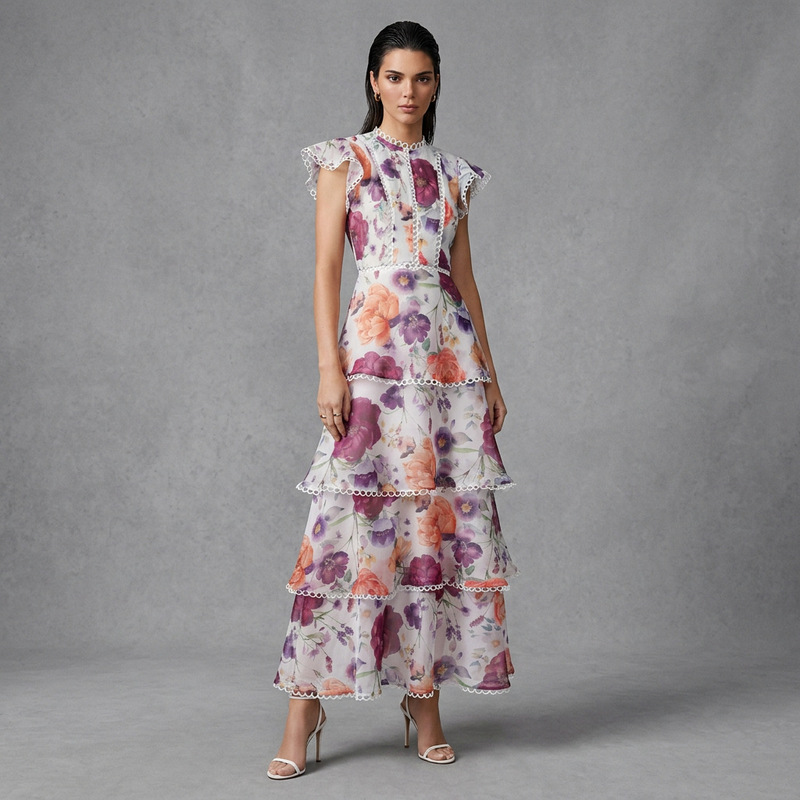 Cross-Border 2026 Spring-Summer Holiday New Niche Design Oil Painting Style Lace Splicing Long Dress for Women Cross-Border 2026 Spring-Summer Holiday New Niche Design Oil Painting Style Lace Splicing Long Dress for Women