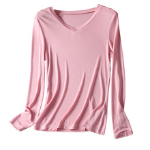 秋冬新款重磅桑蚕丝T恤女装 真丝V领长袖打底衫 宽松大码保暖上衣