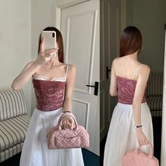 法式蕾丝拼接吊带背心女显瘦带胸垫辣妹设计感内搭外穿假两件上衣