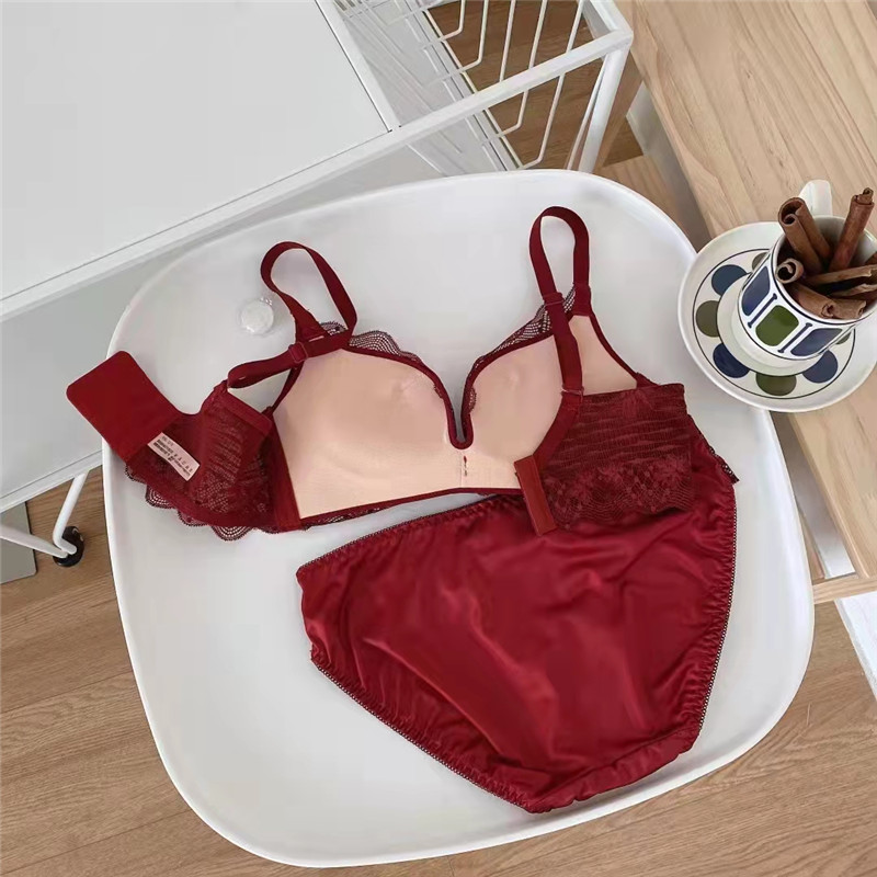 New product without steel ring sexy lace girl underwear gathering adjustment silk bow bra set_voghion.com