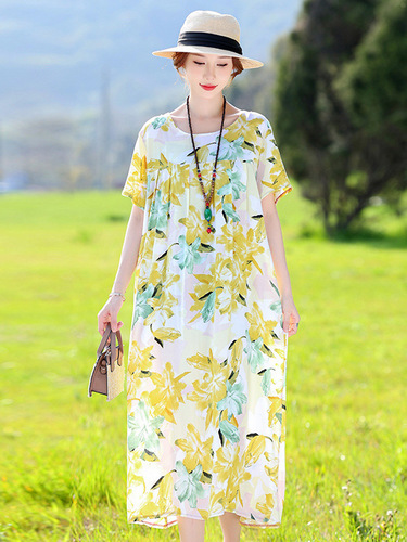 New Elegant Cotton Silk Dress for Summer Women, Floral Pattern, Fashionable Mother's Dress for Middle-Aged and Elderly Women