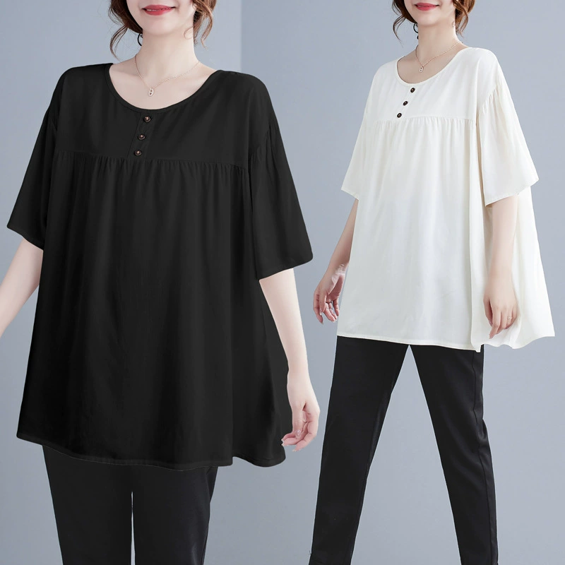 Женская свободная и простая футболка средней длины, закрывающая живот, из хлопкового шелка больших размеров, 130kg топов для полных мм, одежда для мам среднего и пожилого возраста