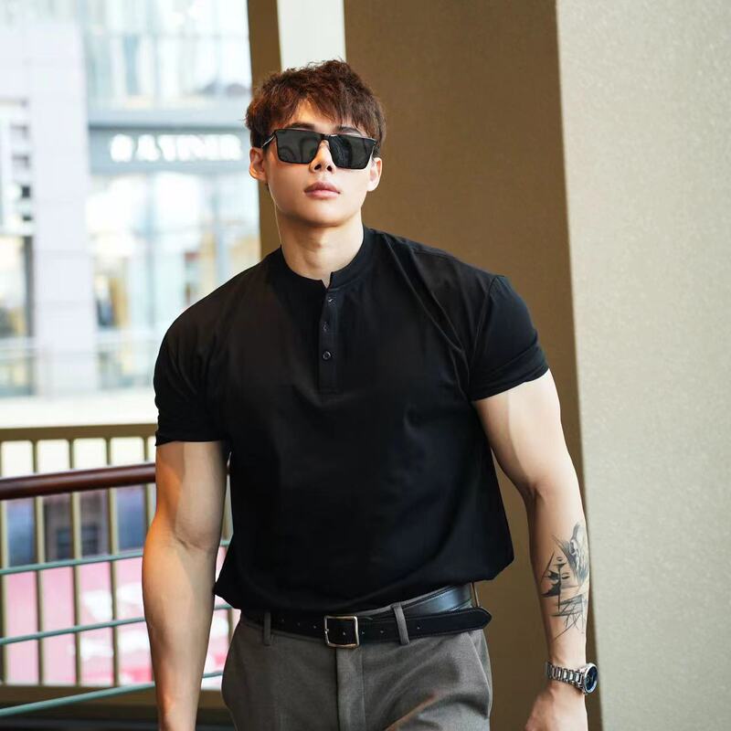 Cross-Border Henry Collar Short-Sleeve Men's Summer Outdoor Sports American Casual Polo Shirt Muscle Men's Wear Trendy Brand T-Shirt