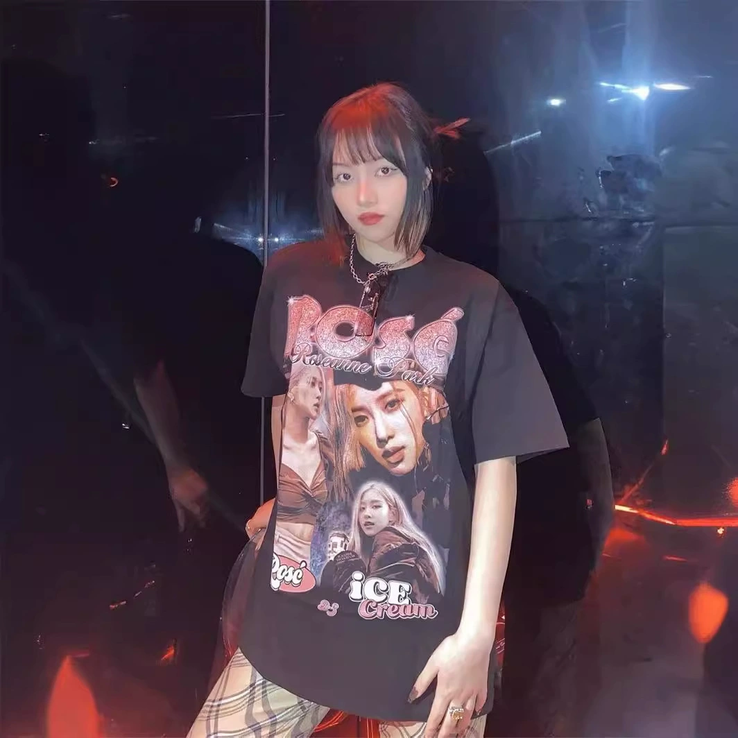 Альбом BlackPink Ice Cream персонажей с короткими рукавами ROSE High Street Ретро свободная пара футболка прилив