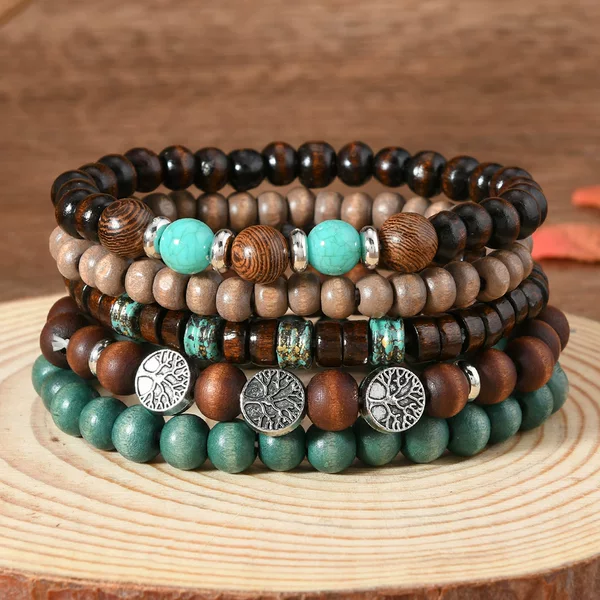 Cross-Border New Spot Wholesale European and American Retro Style Alloy Tree of Life Beads Multi-Layer DIY 5-Piece Set of Bracelets