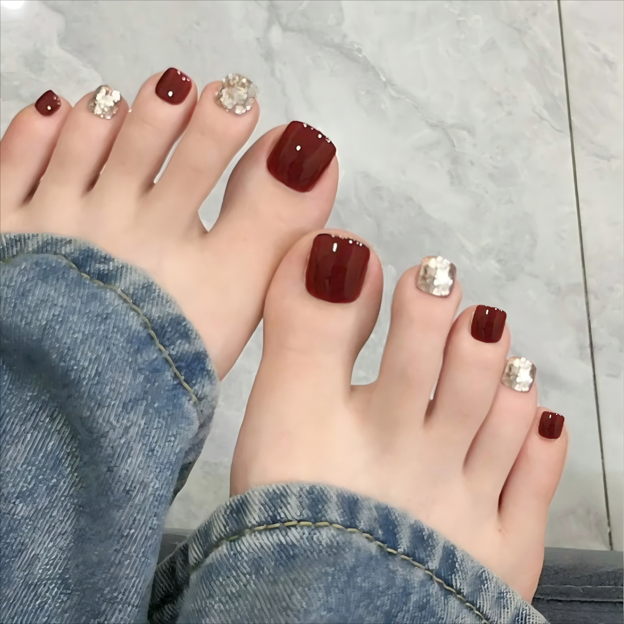 Verano nuevo 14 piezas hechas a mano parche de uñas de pie productos terminados vino polvo brillante blanquear usar uñas de pie
