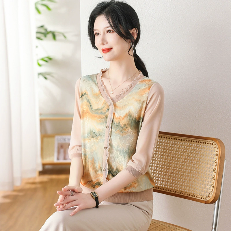 Новая Весенняя Свободная рубашка для мам, футболка с V-образным вырезом и рукавом 3/4, модная маленькая рубашка в западном стиле для 40-летних 50 женщин среднего возраста