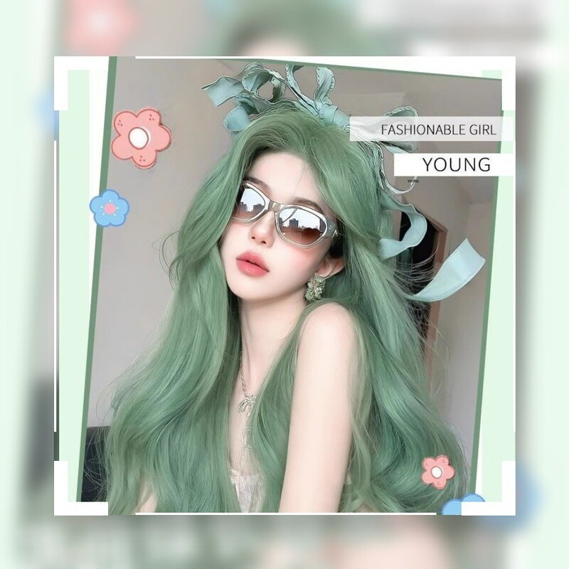 Wig Women's Long Hair Green Full Head Cover Mint Mambo Natural Comfortable Long Curly Hair Fresh Lightweight Artificial Wig Cover