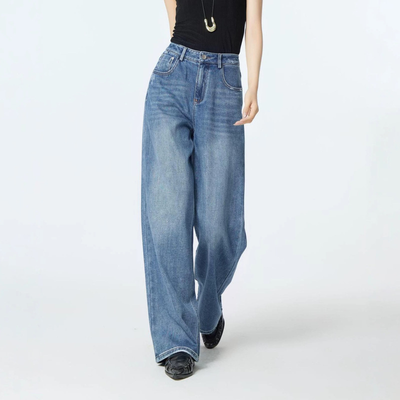 Galaxy Denim Silver Sparkle Vintage Washed Tencel Cotton Straight-Leg Jeans Commuting Style High-Waisted Wide-Leg Trousers