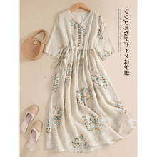 清仓捡漏~外贸大码女装V领短袖收腰轻薄苎麻碎花连衣裙棉麻沙滩裙