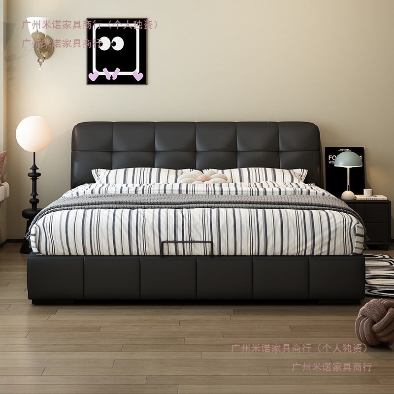 Modern Minimalist Italian-Style Black Puff Bed, Genuine Leather Small Apartment Storage Bed, Double Bed, Wedding Bed, Leather Art Bed, Large Bed 3