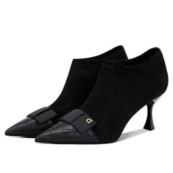 Черный маленький ароматный ветер глубокий рот высокие каблуки женские 2024 осень и зима новые эластичные тонкие ботильоны сапоги женские каблуки