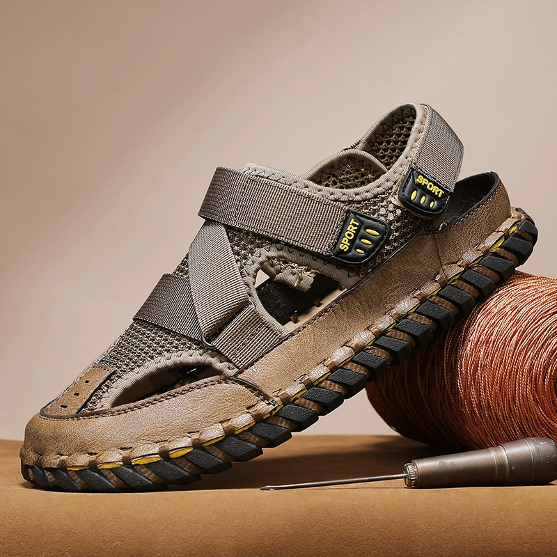 Летние сандалии большого размера мужские наружные шитые вручную сандалии baotou модные полые дышащие сетчатые пляжные туфли мужские