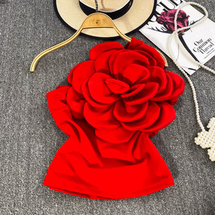 Asymmetrical Neckline Three-Dimensional Flower Trendy Backless Top Slimming Single Shoulder Camisole for Women