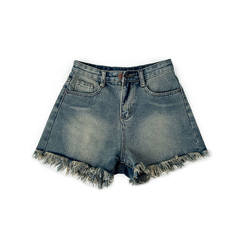 Vintage Raw Hem Denim Short Women's Instagram Hot Girl Summer A-line Hot Pants American Tassel Design High-Waisted Wide Leg Shorts