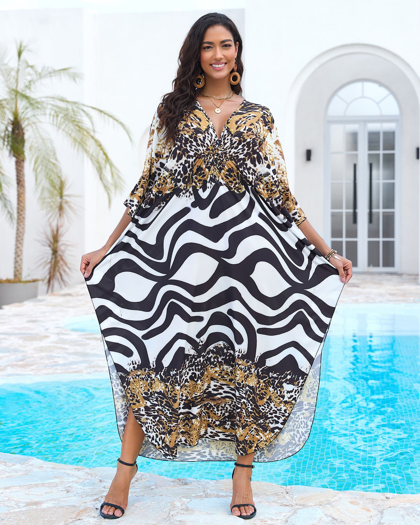 Nuevo posicionamiento de Europa y América impresa playa blusa tejida a mano V-collar vestido de vacaciones vestido largo 31 colores