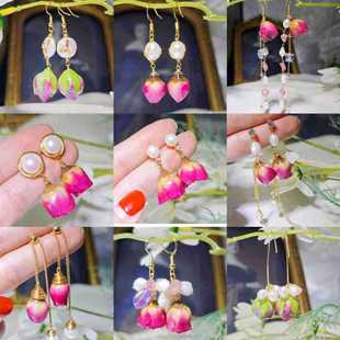 Dan Peach Jewelry New Eternal Flower Rose Real Flower Earrings Pink Girl Series Pearl Earrings Ear Hook