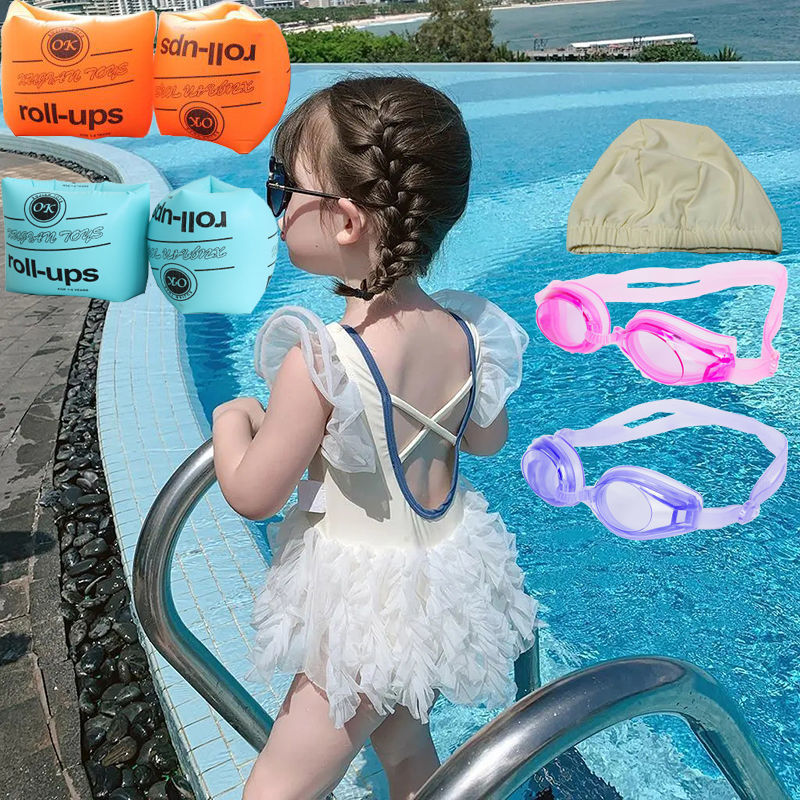 Niña trajes de baño beige + sombrero de baño + gafas de baño + brazaletes