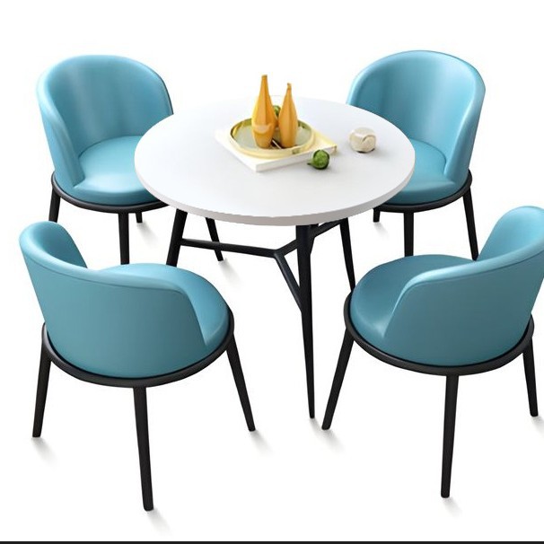 80 화이트 원형 테이블 + 블루 가죽 + 블랙 삼각 다리