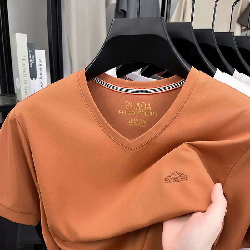 Men's Short-Sleeve Silk T-Shirt, Summer V-Neck Casual Versatile Comfortable Soft Quick-Dry Silky Loose Fit Tee Men's Short-Sleeve Silk T-Shirt, Summer V-Neck Casual Versatile Comfortable Soft Quick-Dry Silky Loose Fit Tee