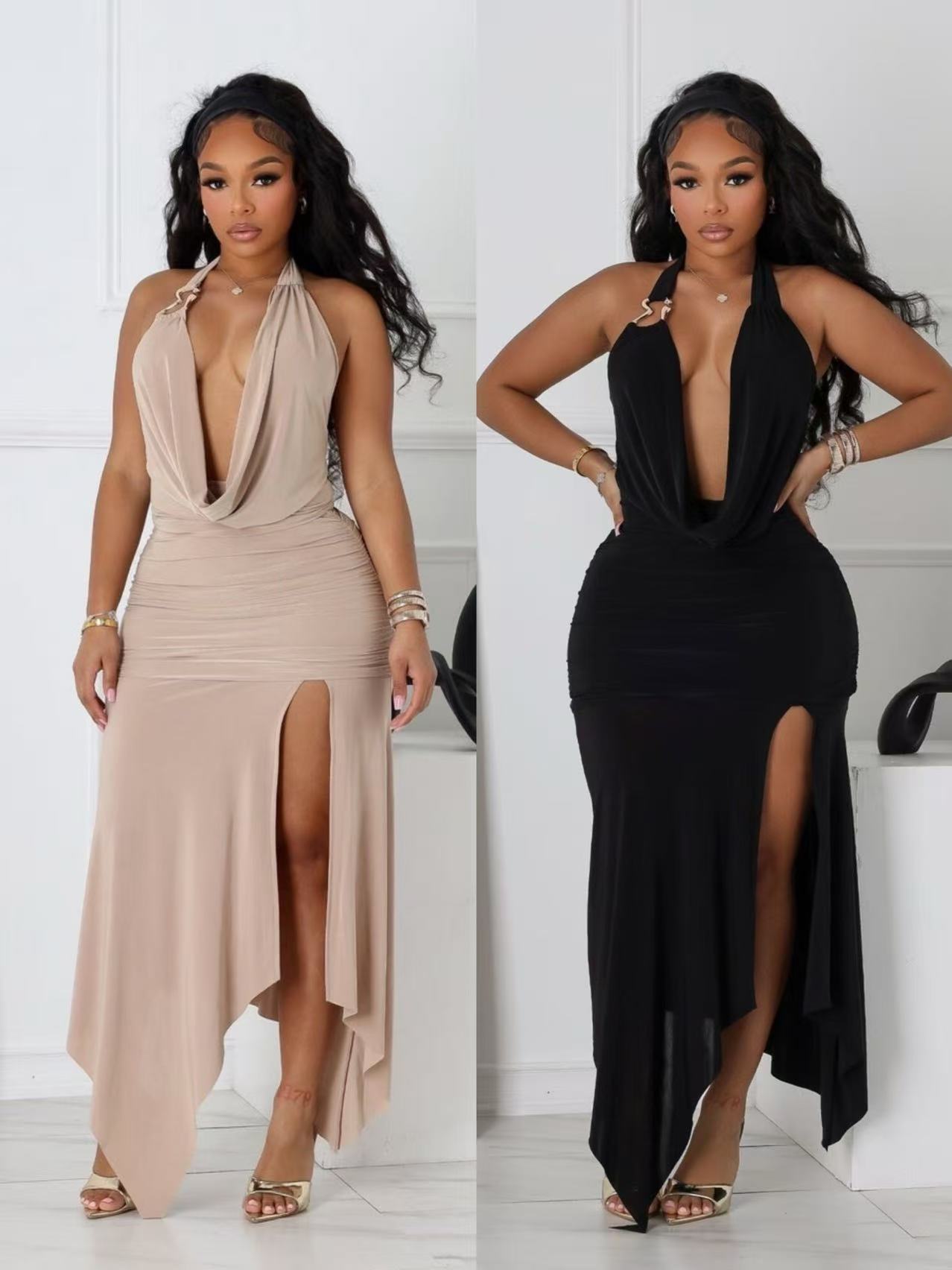 Women's Clothing Sexy Hot Girl Women's Halter Neck V Neck Backless Slit Long Dress Style Fashion Temperament Slim Fit_ecoleips.com