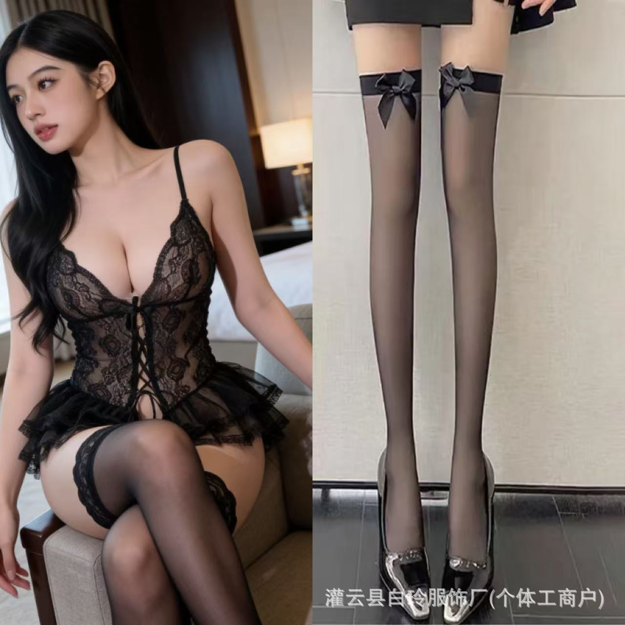 블랙 + 블랙 리본 양말