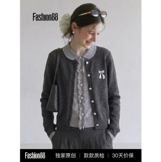学院风灰色假两件翻领长袖针织开衫女春秋新款宽松毛衣外套短上衣