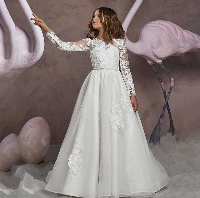 Vestido de niña europeo y americano transfronterizo, de manga larga, con encaje y cuello redondo, para damita de honor, boda, actuación, cumpleaños, tutú.