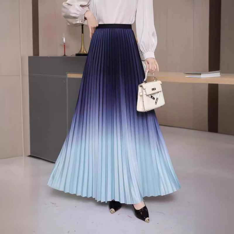 2025 New European and American Export High-End Women's Gradient Color Skirt Women's Long Skirt High Waist Extended Version Pleated Skirt