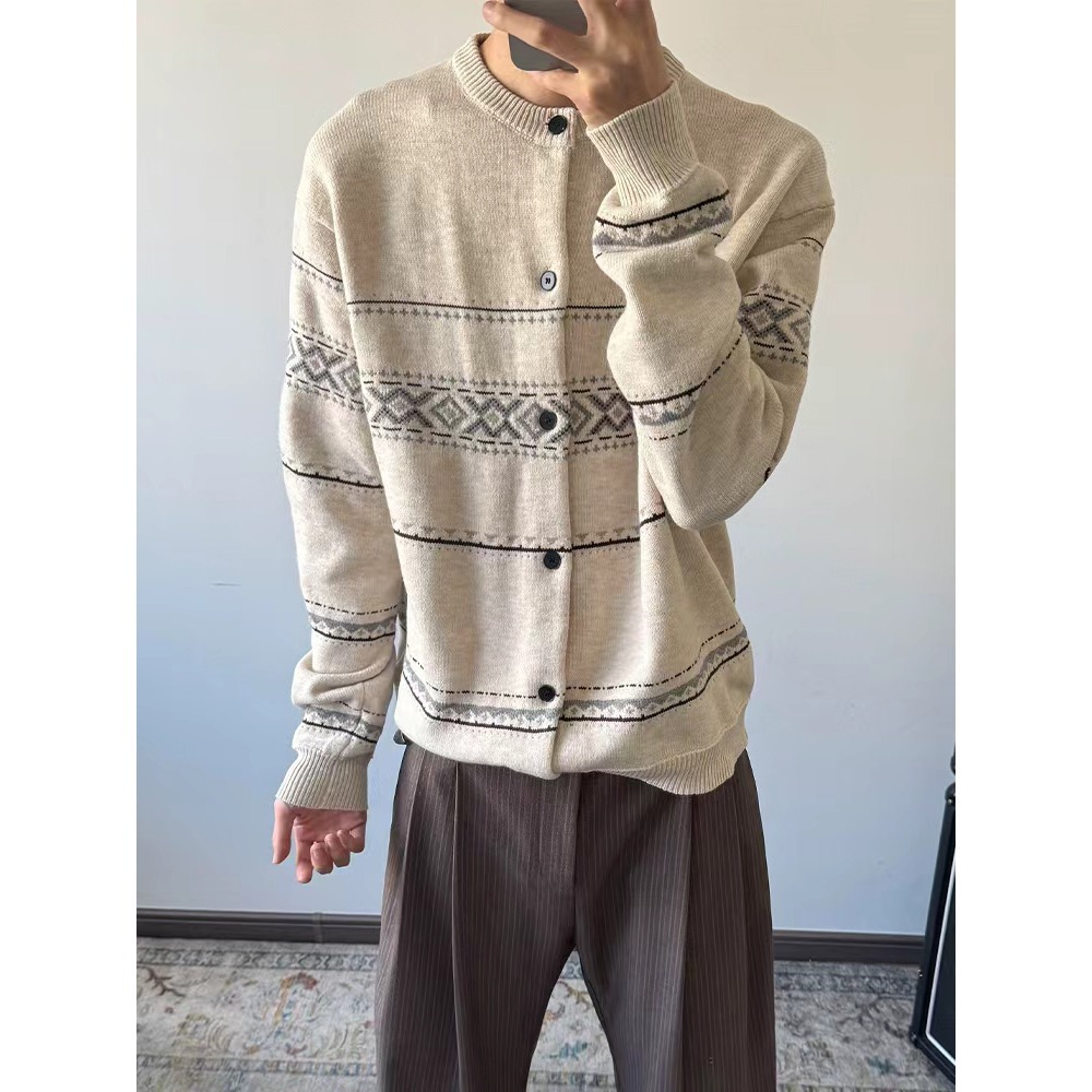 Old Money Style Fair Isle Jacquard Long-Sleeved Sweater Men's Lazy Style Outwear Autumn and Winter Knitted Sweater Cardigan Export