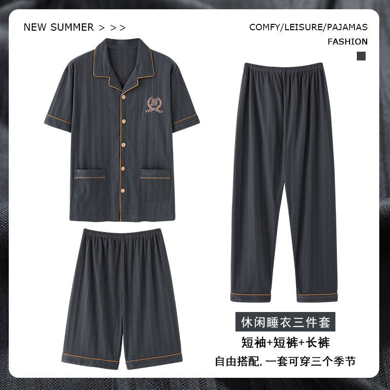 100% algodón pijamas de los hombres pantalones cortos de manga corta pantalones traje de tres piezas cardigan casual más tamaño ropa para el hogar