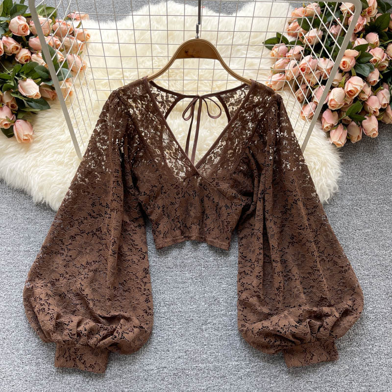 Lace-up Backless Slimming Short Perspective Gouhua Lace Shirt Autumn New Korean Style Western Style Small Shirt All-match Top Women Lace-up Backless Slimming Short Perspective Gouhua Lace Shirt Autumn New Korean Style Western Style Small Shirt All-match Top Women