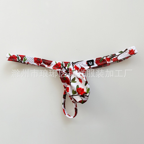 Factory UQQMQQ High-Elastic Ice Silk Printed Men's T-Strap Briefs Sexy Underwear Cross-Border T-Pants 9501