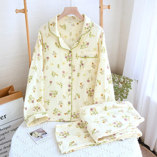 New pastoral style spring and autumn double-layer cotton gauze pajamas women can wear outside long-sleeved trousers pajamas home wear suit