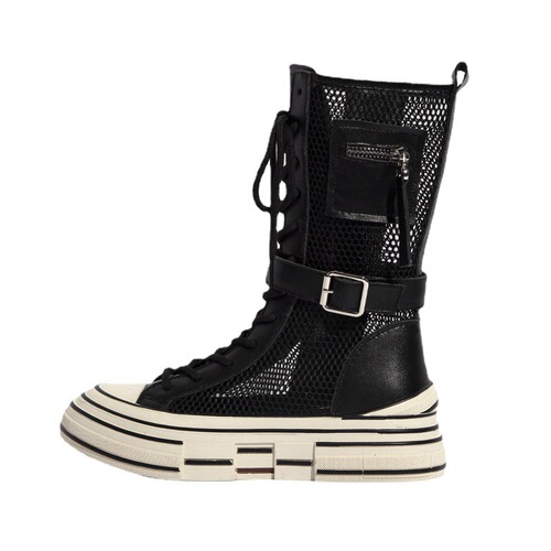 Genuine Leather Mid-Calf Martin Boots Women's  New Summer Thin Cool Boots Women's Shoes Breathable Boots Platform Hollowed-out Mesh Boots