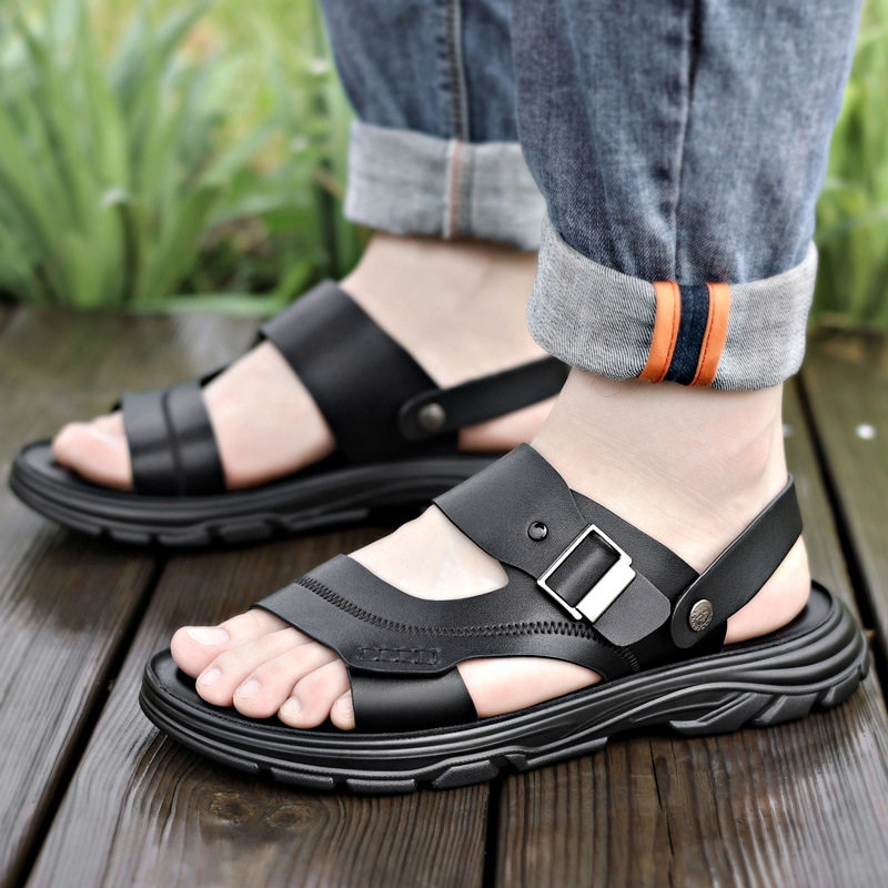 Dép sandal nam quai ngang đế bằng mềm nhẹ thoáng khí kiểu hai cách mang — Màu nâu, màu đen