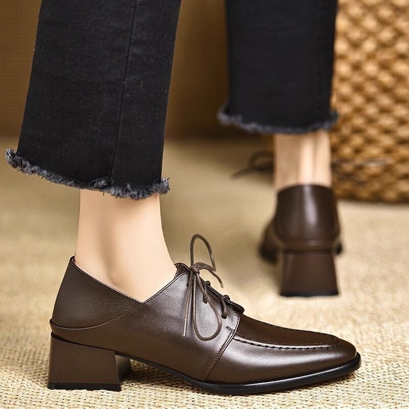 Brown Women's Square-Toe French Retro Soft Leather Chunky Heel High-Heeled Shoes with Laces, Deep-Cut, Versatile Black Shoes