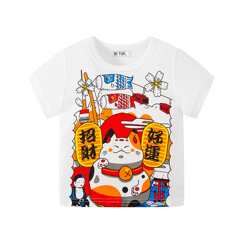 Ropa para niños nuevo estilo chino xingshi koi afortunado gato impresión de los niños de manga corta Camiseta estilo occidental festivo Año nuevo top