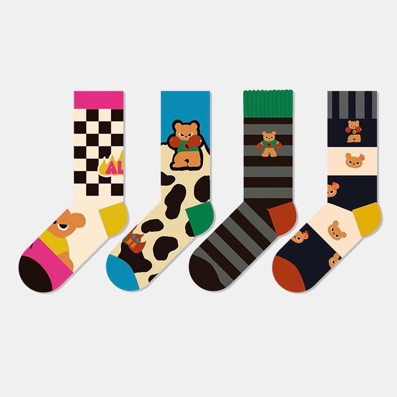 Autumn and Winter New Pure Cotton Children's Girls' Mid-Tube Striped Cotton Socks Cute Bear Ins Girls' Fashion Trendy Socks Plaid Autumn and Winter New Pure Cotton Children's Girls' Mid-Tube Striped Cotton Socks Cute Bear Ins Girls' Fashion Trendy Socks Plaid