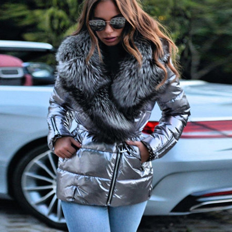Otoño e invierno europeo y americano Nuevo AliExpress Amazon desea superficie brillante gran cuello de piel corto manga larga abrigo de algodón acolchado abajo abrigo de algodón acolchado para mujeres